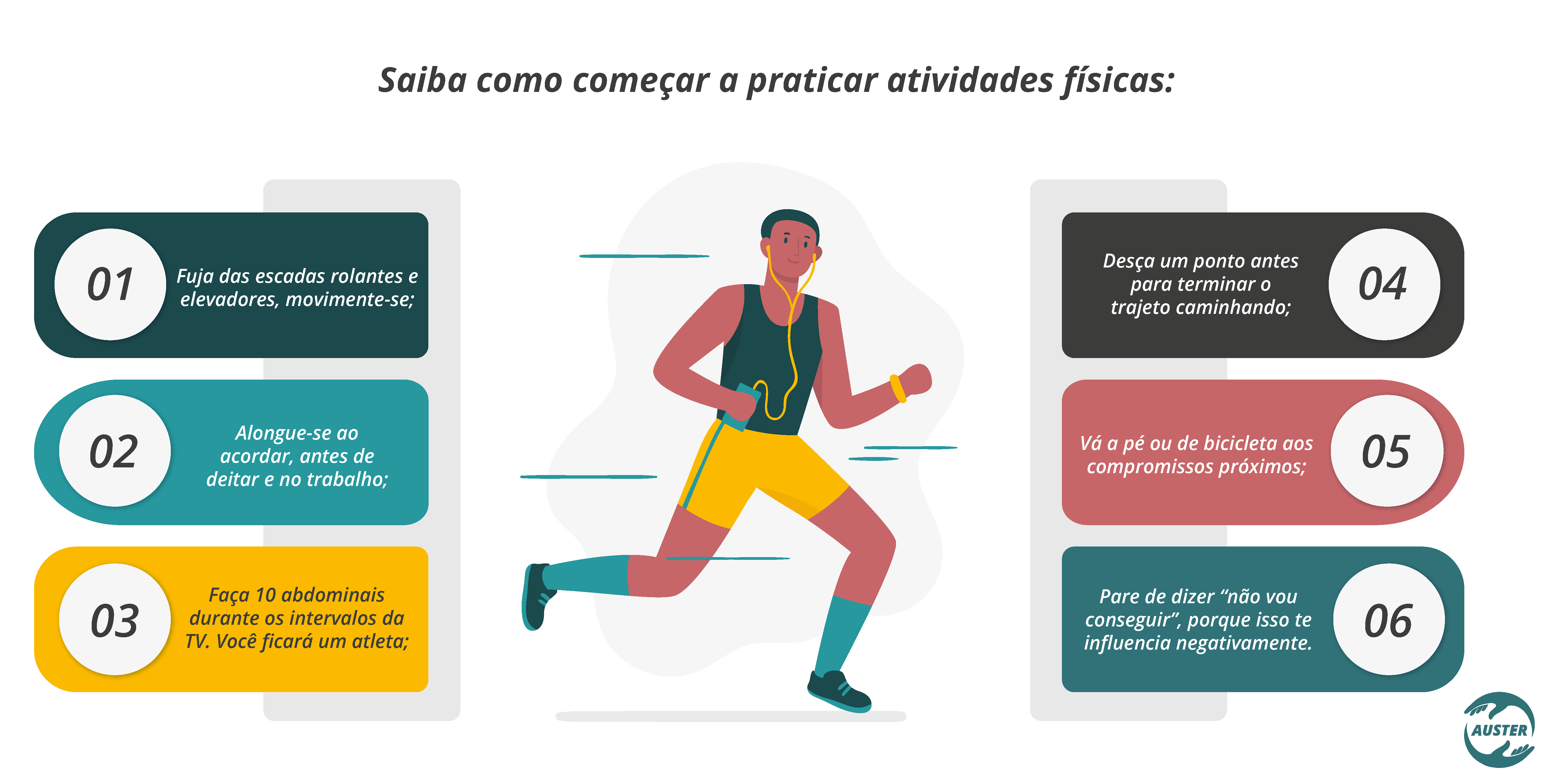 Saiba como começar a praticar atividades físicas: 01 - Fuja das escadas rolantes e elevadores, movimente-se; 02 - Alongue-se ao acordar, antes de deitar e no trabalho; 03 - Faça 10 abdominais durante os intervalos da TV. Você ficará um atleta; 04 - Vá a pé ou de bicicleta aos compromissos próximos; 05 - Desça um ponto antes para terminar o trajeto caminhando; 06 - Pare de dizer “não vou conseguir”, porque isso influencia você negativamente.