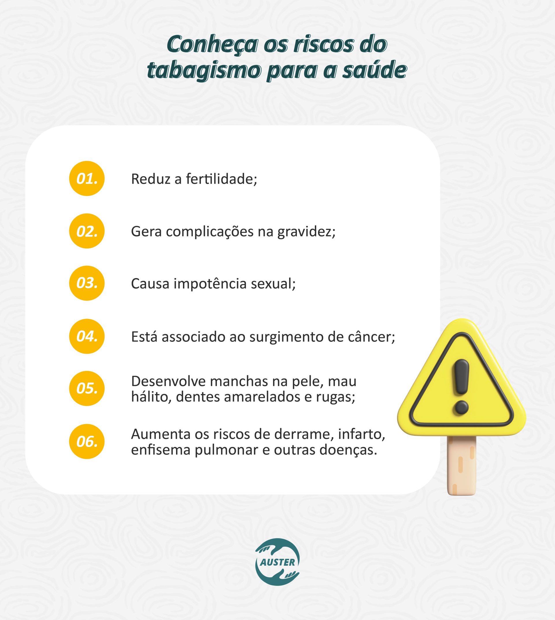 Conheça os riscos do tabagismo para a saúde: Reduz a fertilidade; Gera complicações na gravidez; Causa impotência sexual; Está associado ao surgimento de câncer; Desenvolve manchas na pele, mau hálito, dentes amarelados e rugas; Aumenta os riscos de derrame, infarto, enfisema pulmonar e outras doenças.