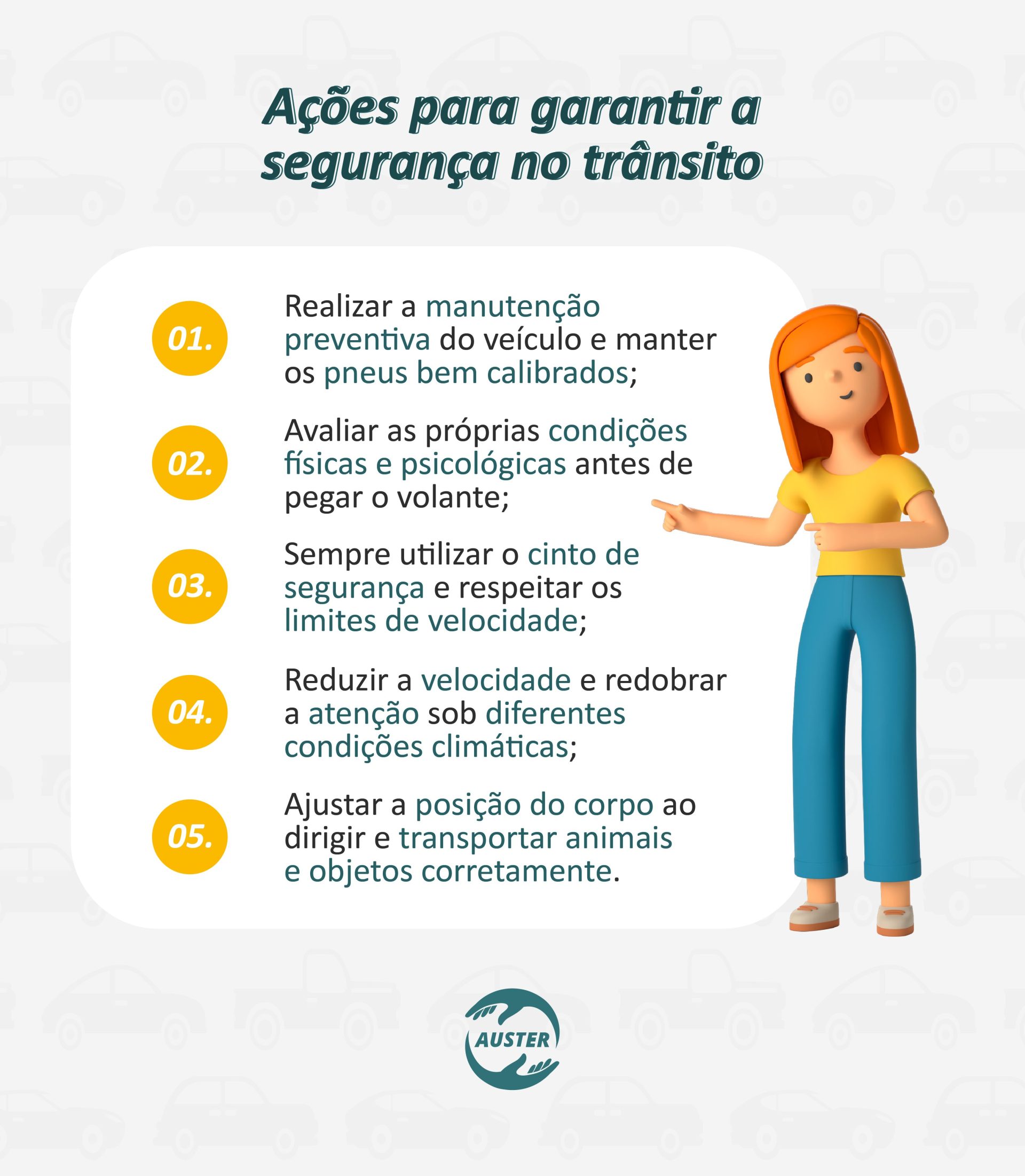 Ações para garantir a segurança no trânsito: Realizar a manutenção preventiva do veículo e manter os pneus bem calibrados; Avaliar as próprias condições físicas e psicológicas antes de pegar o volante; Sempre utilizar o cinto de segurança e respeitar os limites de velocidade; Reduzir a velocidade e redobrar a atenção sob diferentes condições climáticas; Ajustar a posição do corpo ao dirigir e transportar animais e objetos corretamente.