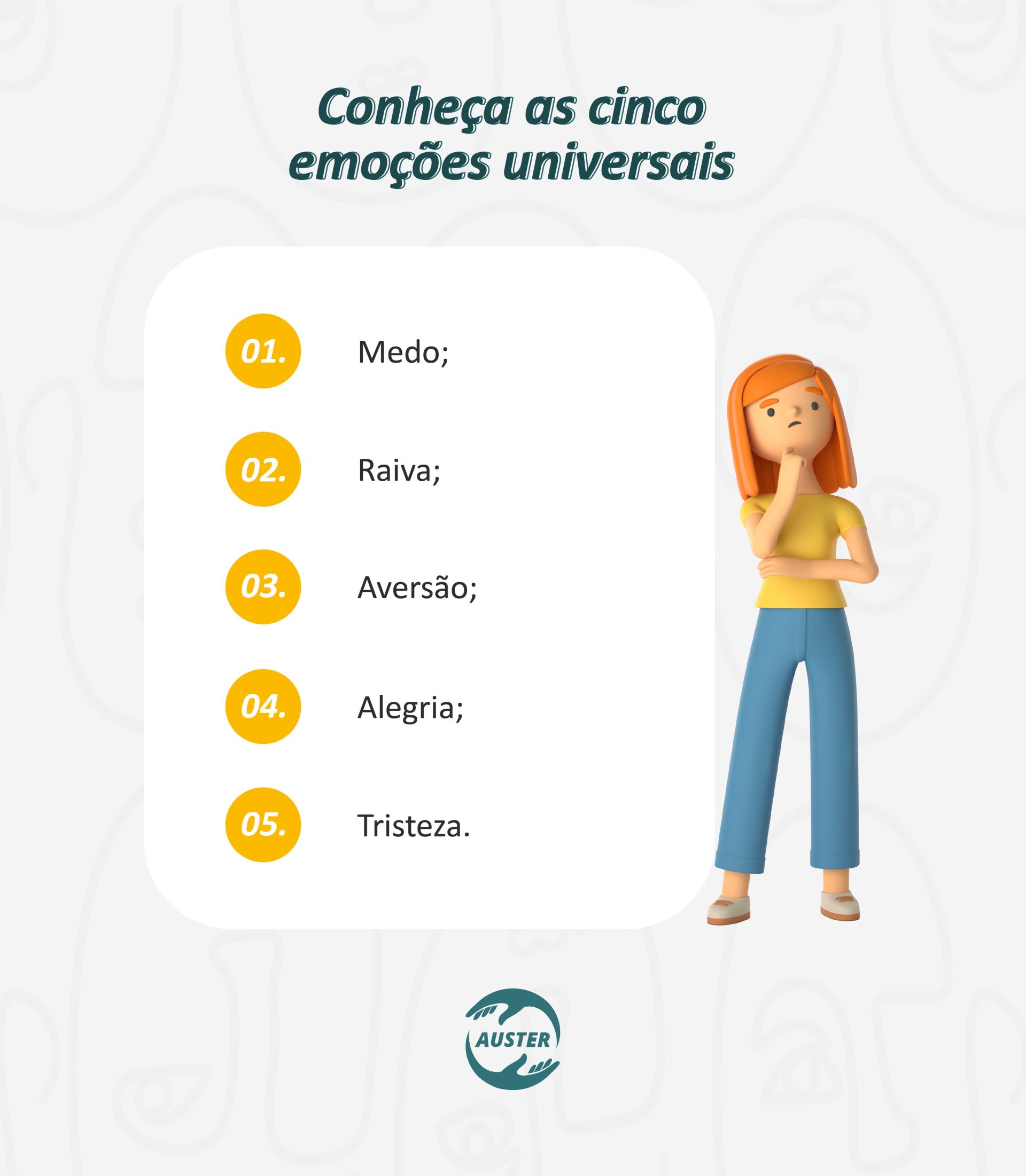 Conheça as cinco emoções universais: Medo; Raiva; Aversão; Alegria; Tristeza.