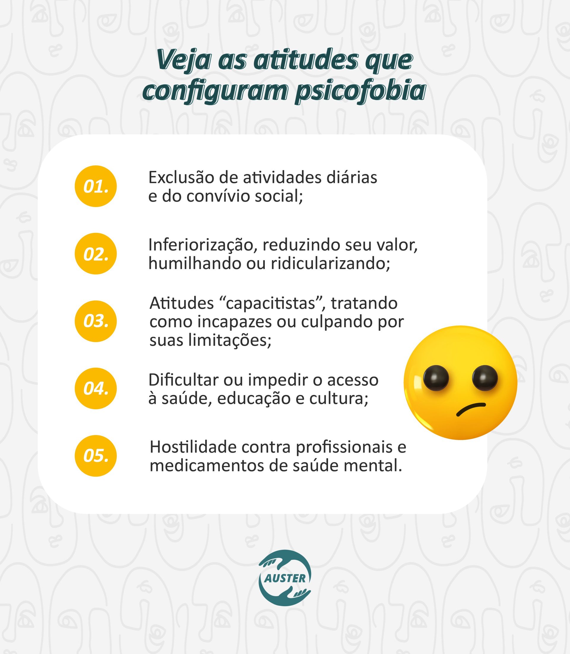 Veja as atitudes que configuram psicofobia: • Exclusão de atividades diárias e do convívio social; • Inferiorização, reduzindo o seu valor, humilhando ou ridicularizando; • Atitudes “capacitistas”, tratando como incapazes ou culpando por suas limitações; • Dificultar ou impedir o acesso à saúde, educação e cultura; • Hostilidade contra profissionais e medicamentos de saúde mental.