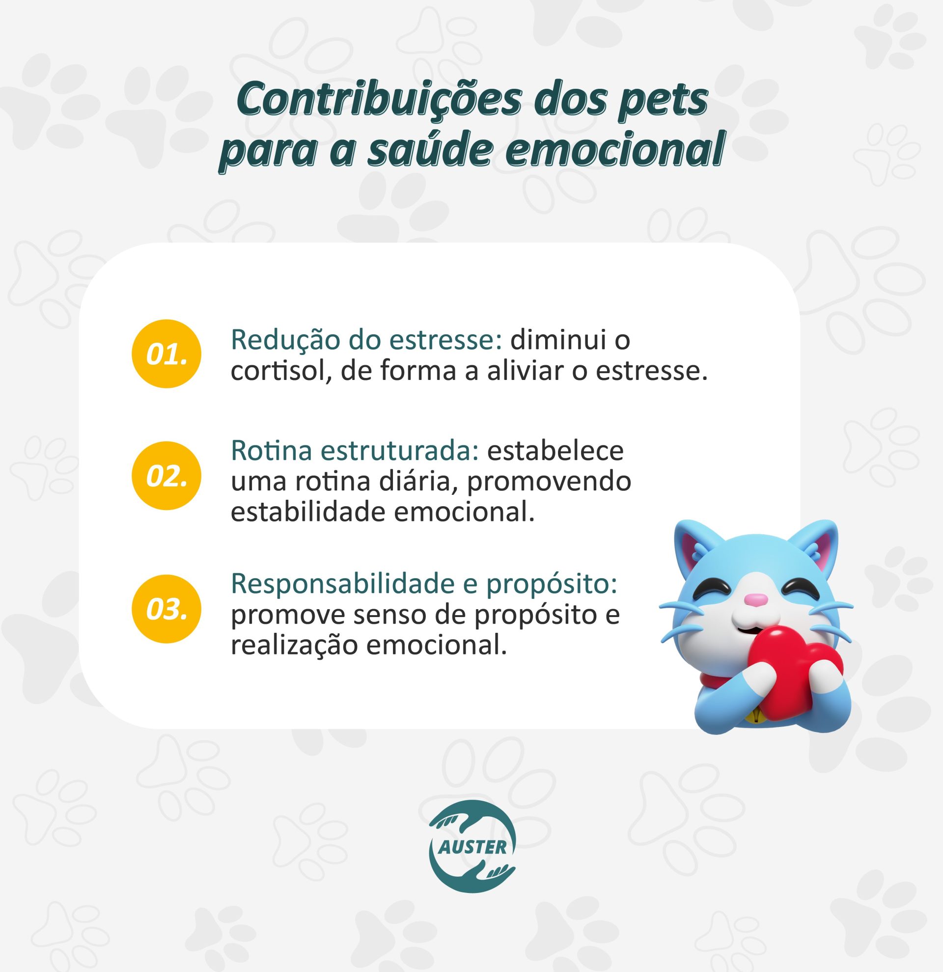 Contribuições dos pets para a saúde emocional: • Redução do estresse – diminui o cortisol, de forma a aliviar o estresse. • Rotina estruturada – estabelece uma rotina diária, promovendo estabilidade emocional. • Responsabilidade e propósito – promove senso de propósito e realização emocional.