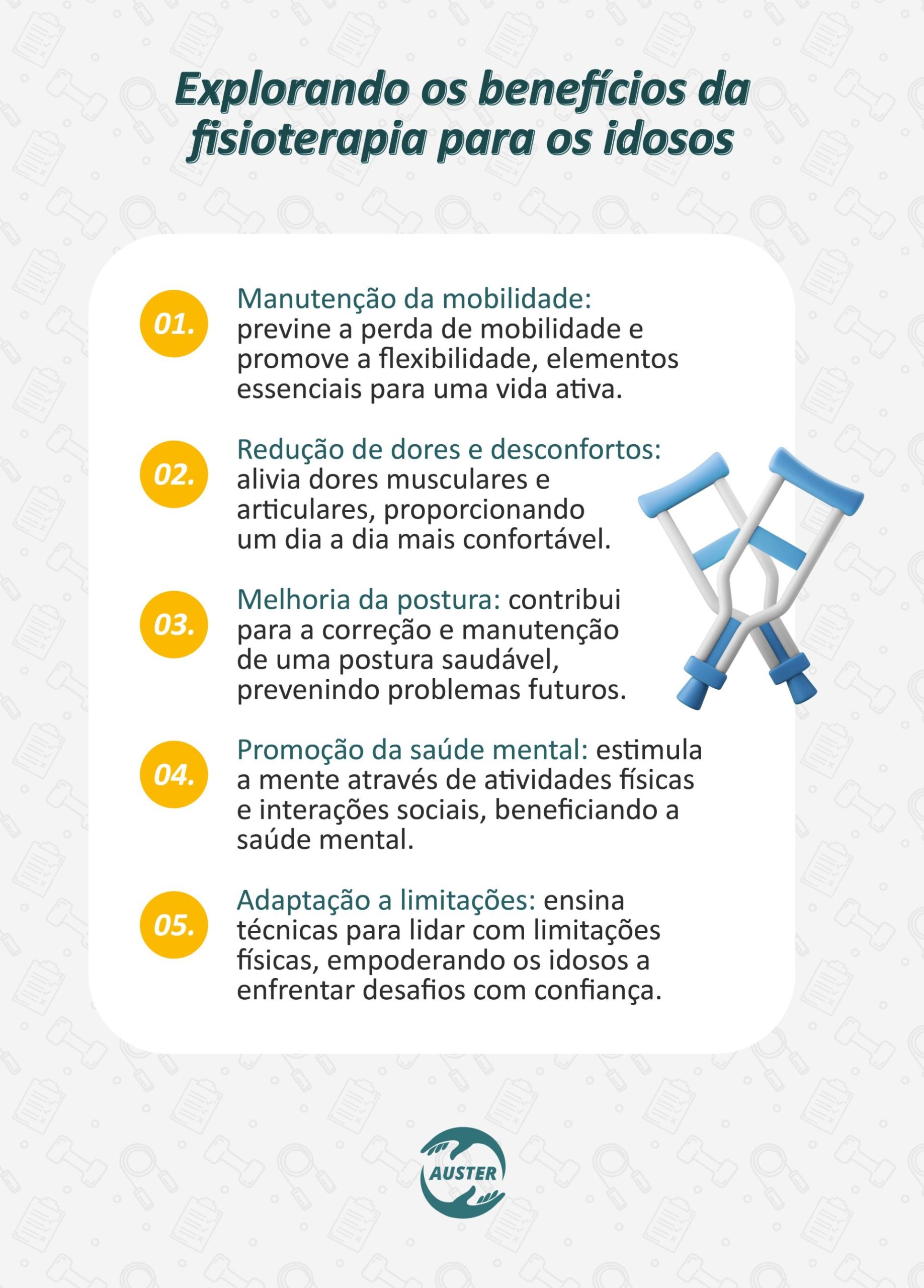 Explorando os benefícios da fisioterapia para os idosos: • Manutenção da Mobilidade: Previne a perda de mobilidade e promove a flexibilidade, elementos essenciais para uma vida ativa. • Redução de Dores e Desconfortos: Alivia dores musculares e articulares, proporcionando um dia a dia mais confortável. • Melhoria da Postura: Contribui para a correção e manutenção de uma postura saudável, prevenindo problemas futuros. • Promoção da Saúde Mental: Estimula a mente através de atividades físicas e interações sociais, beneficiando a saúde mental. • Adaptação a Limitações: Ensina técnicas para lidar com limitações físicas, empoderando os idosos a enfrentar desafios com confiança.