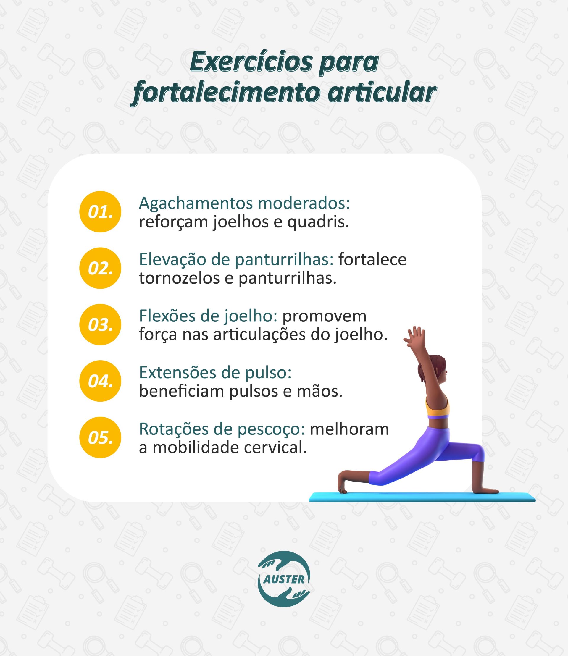 Exercícios para fortalecimento articular: • Agachamentos moderados: reforçam joelhos e quadris. • Elevação de panturrilhas: fortalece tornozelos e panturrilhas. • Flexões de joelho: promovem força nas articulações do joelho. • Extensões de pulso: beneficiam pulsos e mãos. • Rotações de pescoço: melhoram a mobilidade cervical.