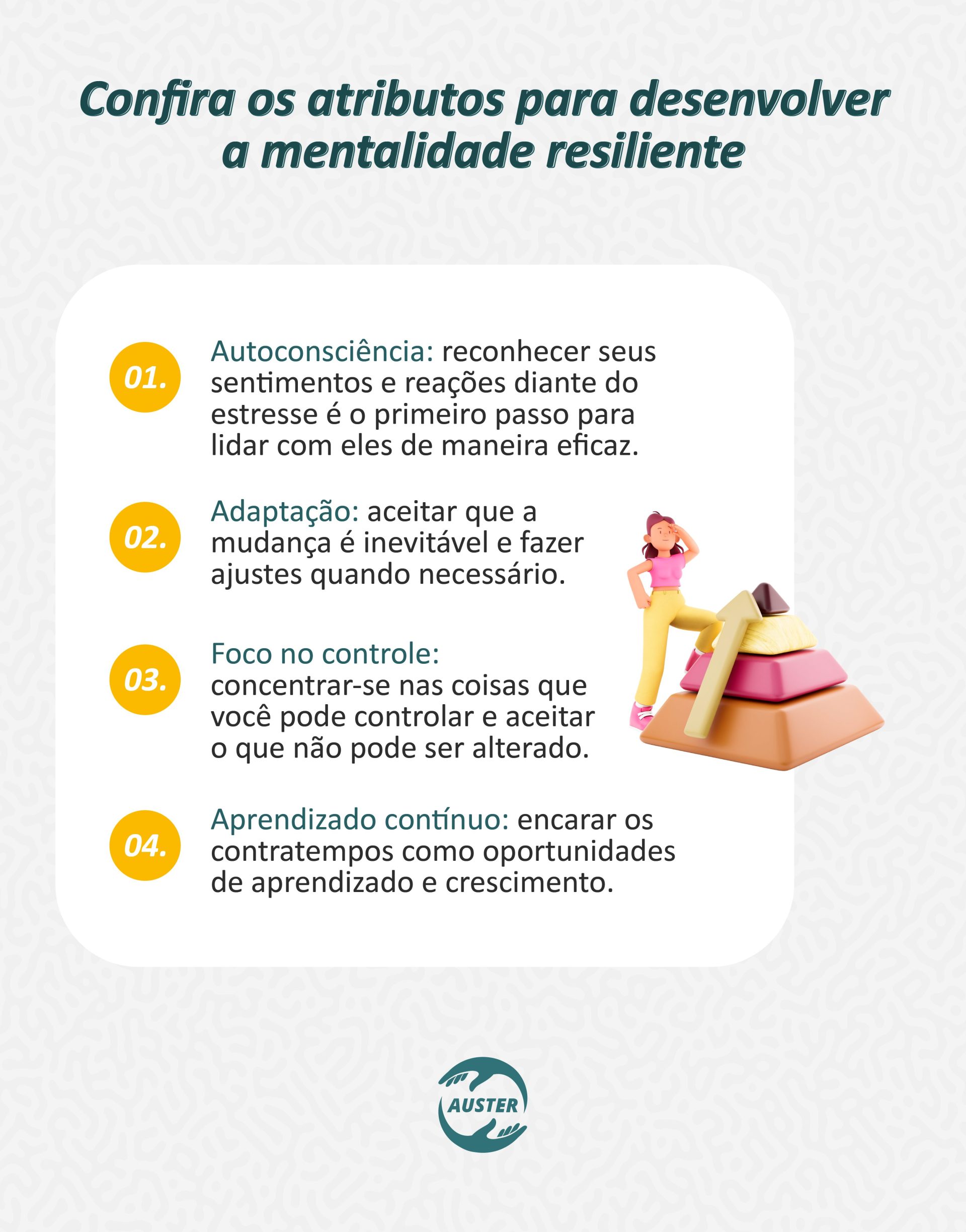 Confira os atributos para se desenvolver a mentalidade resiliente: • Autoconsciência: reconhecer seus sentimentos e reações diante do estresse é o primeiro passo para lidar com eles de maneira eficaz. • Adaptação: aceitar que a mudança é inevitável e fazer ajustes quando necessário. • Foco no controle: concentrar-se nas coisas que você pode controlar e aceitar o que não pode ser alterado. • Aprendizado contínuo: encarar os contratempos como oportunidades de aprendizado e crescimento.